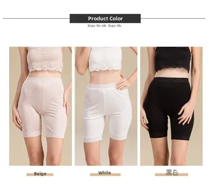 Detailed comparison of beige, white, and black silk safety shorts with delicate lace trim