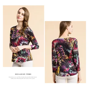 Front and back view of a luxury silk printed top with colorful geometric patterns