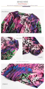 Detail view showing printed silk T-shirt neckline, cuffs, and floral leopard pattern
