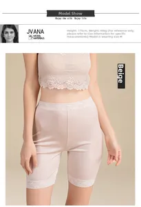 Detailed close-up of beige silk knit shorts with delicate floral lace trim for women