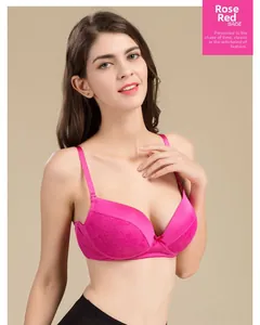 Detail of rose red silk bra with intricate lace patterns and a center bow accent
