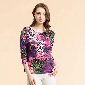 Women 100% Mulberry Silk T-Shirt Abstract Floral Print Round Neck Three Quarter Sleeve Knitted Top Elegant Casual Blouse