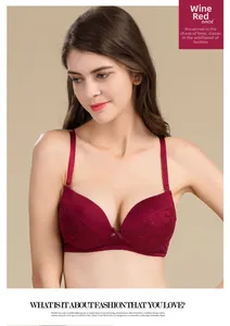 Close-up of wine red silk bra featuring delicate lace floral patterns and a small bow tie