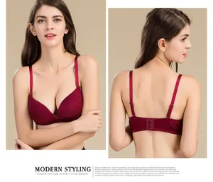 Front and back view of elegant wine red lace bra with seamless silk cups and adjustable straps