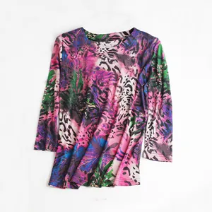 Women's summer floral silk T-shirt with leopard and tropical leaf print pattern