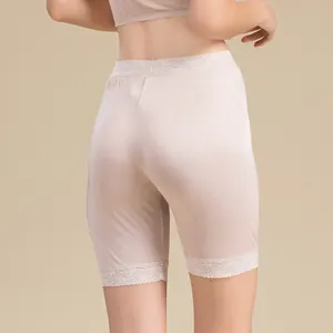 Women's silk knit lace trim safety shorts in beige with breathable slimming fit fabric