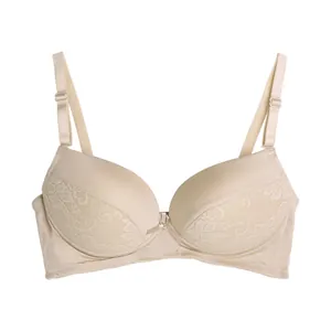 Elegant beige mulberry silk wireless bra featuring delicate lace floral appliques and bow