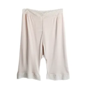 Pale pink silk knit safety shorts with elegant lace trim for women's base layer