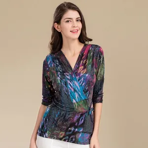 Haut Cache-cœur en Soie de Mûrier 100% pour Femmes Élégant Col en V Manches Trois-Quarts Blouse Coupe Slim avec Laçage