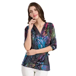 Cardigan chic en soie imprimée avec col en V et manches trois-quarts pour femmes