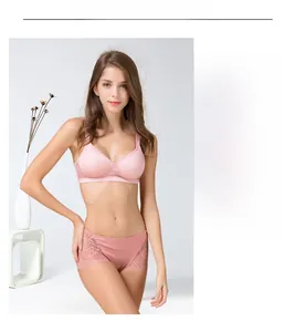 Detailed view of seamless silk bra and lace trim panties in pale pink color