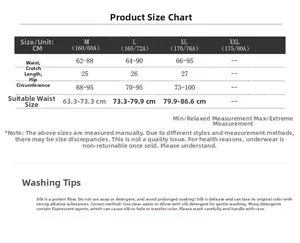 Detailed size chart for women's silk panties showing waist and hip measurements in cm