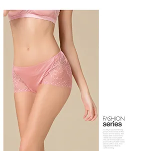 Detail of pink silk panty featuring elegant floral lace stitching and smooth texture