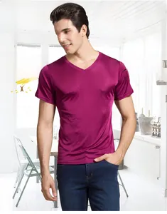Detail of premium purple silk men's V-neck T-shirt with smooth satin texture and luster