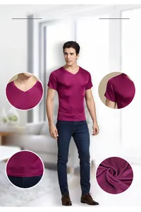 Detail view of burgundy V-neck silk t-shirt showing premium texture and breathable knit