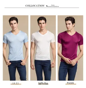 Silk knit V-neck short sleeve T-shirts in sky blue, white, and purple-red colors