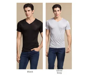 Men's V-neck silk knit t-shirts in black and silver gray with a smooth texture