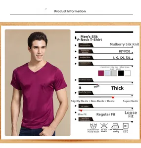 Detail showing 100% mulberry silk knit fabric and V-neckline on men's t-shirt