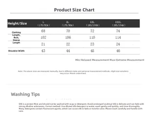 Detailed size chart for men's silk V-neck T-shirt with washing care instructions