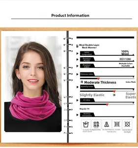 Detailed product specifications for pure wool double-loop neck gaiter in pink