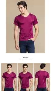 Detailed views of men's silk V-neck T-shirt in purple showing the smooth knit fabric texture