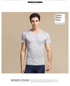 Detailed V-neck design on a premium silver grey silk knit short sleeve T-shirt for men