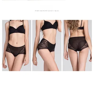 Detailed views of women's black silk underwear set with floral lace and seamless finish