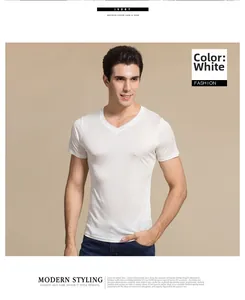 Detailed view of men's white V-neck silk t-shirt featuring a slim-fit knit texture