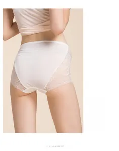 Detail of white silk panties featuring intricate floral lace side panels and smooth back