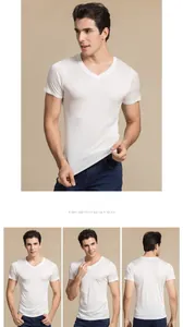 Detailed view of men's premium silk V-neck T-shirt showing the slim fit and smooth fabric
