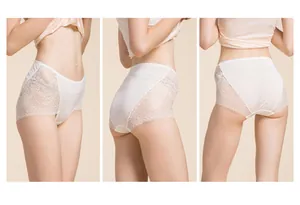 Detailed views of white silk panties with elegant floral lace panels on side