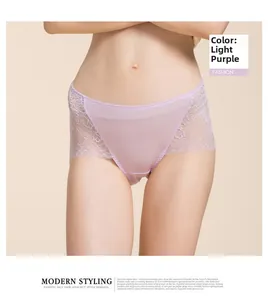 Detail of light purple silk lace panties with sheer mesh and floral lace edges