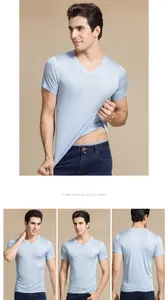 Detail showing the thin, elastic and silky texture of light blue men's V-neck T-shirt