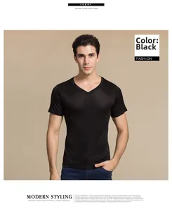 Detail of premium men's black silk V-neck T-shirt showing its soft glossy texture