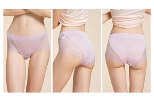 Three-way view of lavender silk underwear showing lace details and full coverage fit