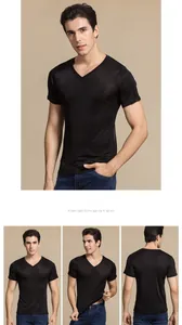 Detailed multi-angle views of a premium black V-neck silk T-shirt with a smooth finish