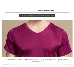Detailed view of magenta silk V-neck tee showing premium glossy texture and stitching