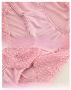 Detail of pink silk crotch lining and intricate lace edge of women's seamless panties