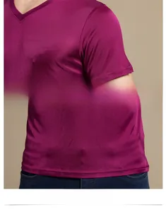 Detailed view of the double-sided silk knitting and neat stitching on a V-neck T-shirt