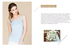 Detail view of U-neck design and asymmetrical hem on a silk knit camisole top