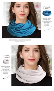 Detailed knit texture of wool neck warmers in peacock blue and silver grey colors