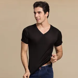Men's Business Slim Fit Mulberry Silk Blend V-Neck Short Sleeve T-Shirt Solid Color Summer Base Layer Knitted Top
