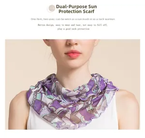 Detail of purple floral silk sun protection neck gaiter with button fastening design