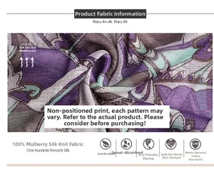 Detailed macro view of 100% mulberry silk mesh fabric with purple abstract floral print