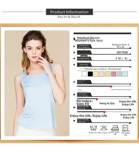 Size chart for 100% mulberry silk tank top with detailed fabric and care information