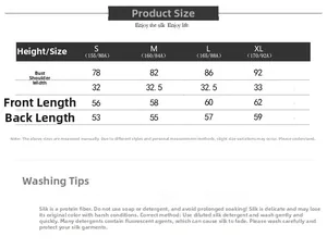 Detailed size chart for silk camisole including bust and length measurements from S to XL