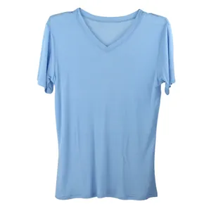 Men's light blue mulberry silk V-neck T-shirt with premium double-sided knit fabric