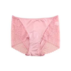Women's pink silk seamless panties with breathable lace patchwork and wavy edges