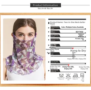 Size chart and washing instructions for 100% mulberry silk neck gaiter with floral print