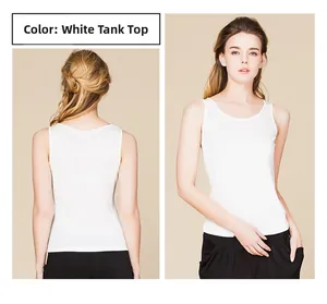 Detailed front and back view of white sleeveless mulberry silk tank top with slim fit